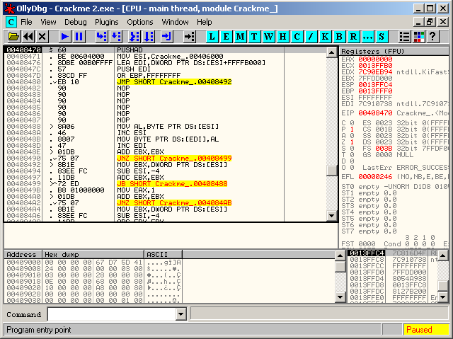 PUSHAD. OllyDBG breakpoints at the Entry Point (EP) of crackme2.exe.